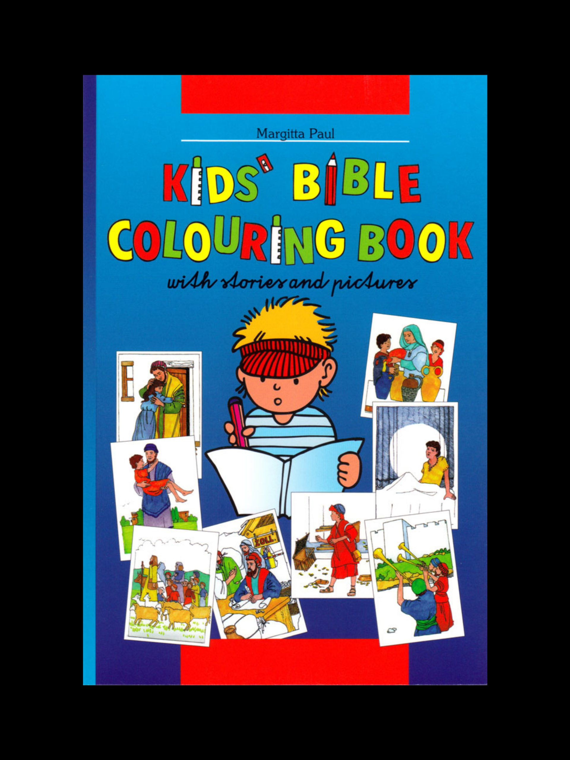 Kids Bible Coloring Book cover with fun Bible scenes for children