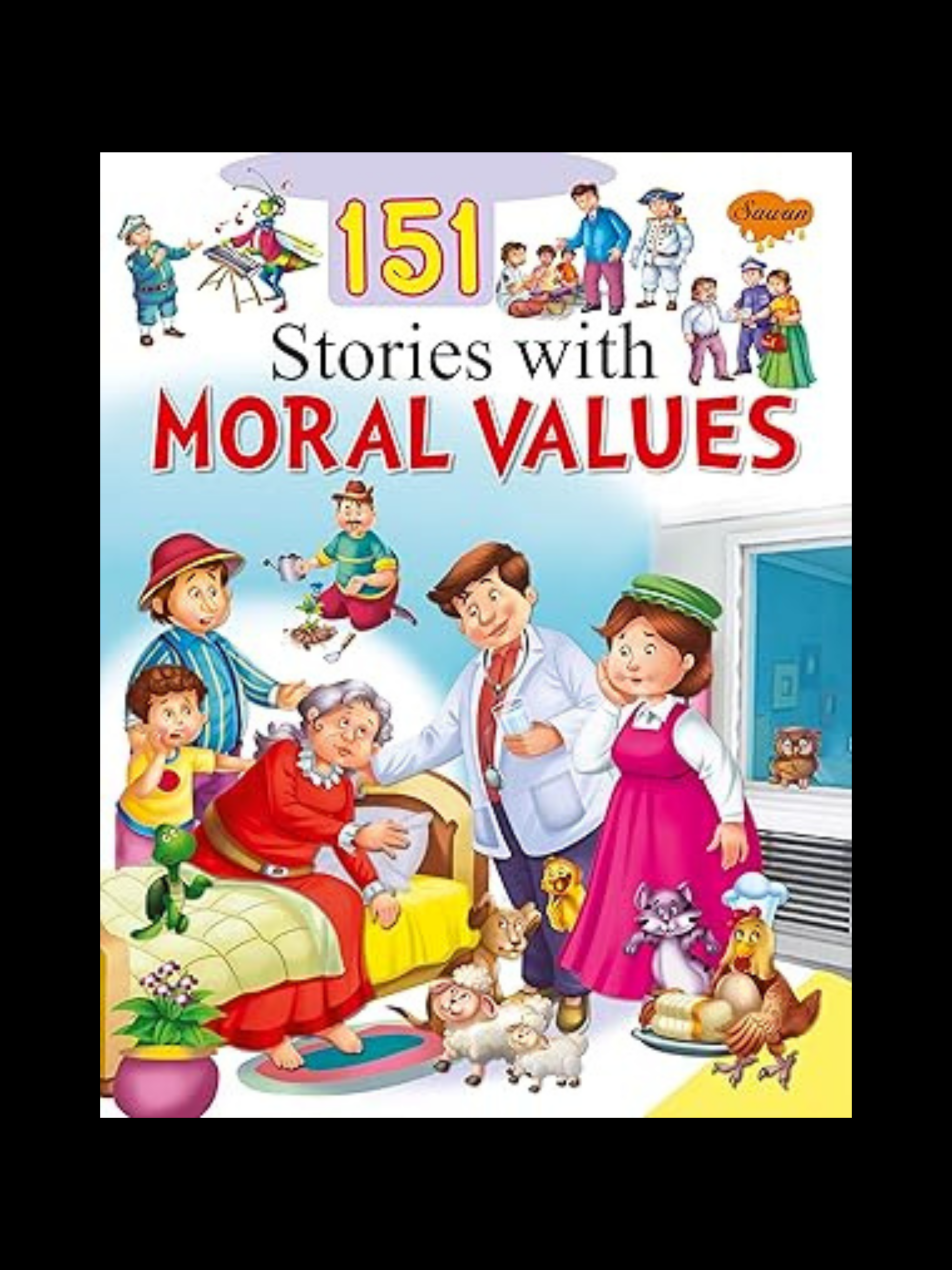 151 Stories With Moral Values book cover with illustrations of children and animals